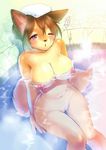  anthro big_breasts blush breasts brown_hair canine female fur hair hot_spring kiichi mammal nipples nude one_eye_closed partially_submerged pussy red_eyes sitting solo towel water wide_hips yellow_fur 