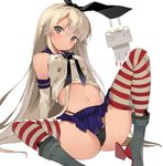  arm_support ass black_panties blonde_hair blush green_eyes kantai_collection long_hair midriff nauribon navel panties rensouhou-chan shimakaze_(kantai_collection) simple_background sketch skirt solo spread_legs stomach striped striped_legwear thighhighs thighs underwear white_background 