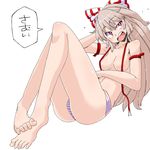  aono3 arm_belt barefoot bow breasts dutch_angle fujiwara_no_mokou full_body hair_bow hair_ribbon long_hair medium_breasts naked_suspenders no_pants panties red_eyes ribbon silver_hair simple_background solo speech_bubble striped striped_panties suspenders topless touhou underwear white_background 