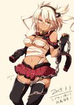  2015 black_gloves black_legwear blonde_hair breasts chain dated fingerless_gloves glasses gloves jiino kantai_collection long_hair looking_at_viewer medium_breasts musashi_(kantai_collection) navel pointy_hair red_eyes red_skirt sarashi skirt solo tears thighhighs translated twintails 