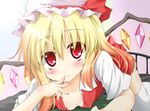  blonde_hair blush bow breasts collarbone covered_nipples finger_to_mouth flandre_scarlet girl_on_top hat hat_bow highres looking_at_viewer medium_breasts oden_(th-inaba) open_clothes open_collar open_shirt red_eyes shirt slit_pupils thighhighs touhou white_legwear wings 