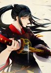  bad_id bad_pixiv_id black_hair japanese_clothes katana male_focus ponytail ronisuke sheath solo sword tarou_tachi touken_ranbu unsheathing weapon yellow_eyes 