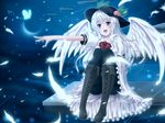  alternate_color angel_wings awai_shiro bad_id bad_pixiv_id black_legwear boots bow bug butterfly cross-laced_footwear feathers food fruit g-tenko-r glowing_butterfly hat hinanawi_tenshi insect knee_boots lace-up_boots long_hair m.u.g.e.n open_mouth outstretched_arm pantyhose peach pink_eyes puffy_short_sleeves puffy_sleeves shirt short_sleeves silver_hair skirt smile solo thighband_pantyhose touhou wings 