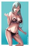  bikini breasts character_name cleavage covered_nipples ere_(2516325) green_eyes green_hair highres kantai_collection large_breasts long_hair navel o-ring o-ring_bottom open_mouth simple_background smile solo suzuya_(kantai_collection) swimsuit thighs 