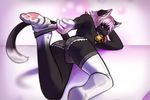  2015 anthro balls bell butt cat clothed clothing collar condom digitigrade feline fireflufferz frills fur girly hair haru(yuniwolfsky) lace legwear looking_at_viewer male mammal panties paws perspective plain_background socks solo stockings tongue underwear undressing white_hair 
