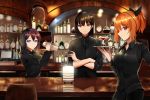  aircell blue_eyes bow brown_hair drink long_hair narynn_(character) orange_hair original ponytail red_eyes reflection short_hair suit tie waitress 