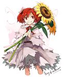  bad_id bad_twitter_id bloomers dress fairy_wings flower grin hair_flower hair_ornament hichiko red_eyes red_hair ribbon short_hair smile solo sunflower_fairy touhou twintails underwear wings 