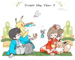  1boy 1girl ayumi_(pokemon) black_eyes black_hair brown_hair bulbasaur charmander creatures_(company) eevee eyes_closed floral_print game_freak gen_1_pokemon hagoita hakama hanetsuki hanten_(clothes) happy_new_year japanese_clothes kakeru_(pokemon) kimono mizutani_megumi nengajou new_year nintendo paddle pikachu pokemon pokemon_(creature) pokemon_(game) pokemon_lgpe pokemon_on_shoulder pom_pom_(clothes) ponytail seiza simple_background sitting squirtle white_background wide_sleeves 