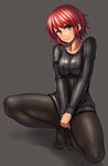  ayakumo black_legwear clothes_tug collarbone covering covering_crotch highres horikawa_raiko long_sleeves looking_at_viewer pantyhose red_eyes red_hair ribbed_sweater smile solo spread_legs squatting sweater sweater_tug touhou v_arms 