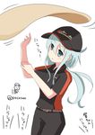  alternate_costume baseball_cap belt black_pants blue_eyes closed_mouth commentary_request dough employee_uniform fast_food_uniform food hat hibiki_(kantai_collection) highres horosho kantai_collection long_hair pants pizza_hut pokasu short_sleeves silver_hair simple_background solo translated twitter_username uniform white_background 