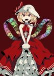  :d aioi_aoi alternate_costume bare_shoulders blonde_hair bright_pupils chain collar cuffs dress elbow_gloves fangs flandre_scarlet gloves hair_between_eyes hat looking_at_viewer no_wings open_mouth red_eyes ribbon shackles short_hair side_ponytail smile solo touhou v_arms white_pupils wings 
