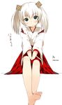  artist_name bare_legs barefoot blush character_name dated eyebrows_visible_through_hair feet green_eyes hair_ornament hakama hakone-chan japanese_clothes looking_at_viewer nauribon onsen_yousei_hakone-chan red_hakama sitting smile solo toes twintails white_hair wide_sleeves 