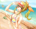  1girl beach bikini blonde_hair blush bouto_(paranoia) bracelet breasts cleavage day hair_ribbon heart highres jewelry large_breasts long_hair marin_(umi_monogatari) multicolored multicolored_stripes necklace ocean outdoors ponytail ribbon smile solo_focus striped striped_bikini swimsuit turtle umi_monogatari visor_cap water yellow_eyes 