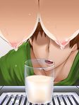  breasts brown_hair ebido faceless faceless_male glass grate hanging_breasts large_breasts milk nipples original 