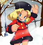  1girl blonde_hair blush buttons coat earrings fur_hat hat jewelry kalinka_cossack looking_at_viewer mato_spectoru rockman rockman_(classic) smile solo 