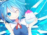  ;) blue_eyes blue_hair bow cirno closed_mouth hair_bow ice ice_wings kuresento one_eye_closed shaved_ice smile solo spoon touhou wings 