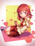  absurdres blouse clothes_writing happy_valentine heart highres looking_at_viewer love_live! love_live!_school_idol_project miniskirt nishikino_maki pg_(pgouwoderen) pleated_skirt purple_eyes red_hair red_skirt school_uniform short_hair sitting skirt smile solo valentine 