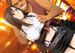  1girl belt black_hair blush breast_grab breasts brown_eyes collarbone elbow_gloves final_fantasy final_fantasy_vii gloves grabbing large_breasts legs long_hair looking_back midriff navel skirt smile standing suspenders tank_top thighs tifa_lockhart yamamori_gohan 