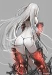  aircraft_carrier_hime armor armored_boots ass bikini boots from_behind grey_background highres holding image_sample kantai_collection long_hair md5_mismatch pale_skin sailor_collar shinkaisei-kan silver_hair solo standing sumisu_(mondo) swimsuit thigh_boots thighhighs thong twitter_sample twitter_username very_long_hair 