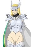  1girl arianrhod armor blonde_hair blush bottomless cape demon_girl gloves helmet scarf shin_megami_tensei shin_megami_tensei_ii 