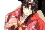  black_hair blue_eyes blush braid hair_ornament hair_over_shoulder hinamatsuri japanese_clothes kantai_collection kimono looking_at_viewer sahuyaiya saishi shigure_(kantai_collection) single_braid smile solo 