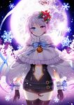  bat belt black_gloves black_legwear bow buckle capelet flower gloves hair_flower hair_ornament heterochromia iri_flina moon myoya navel night no_eyepatch poinsettia ribbon short_hair silver_hair snowflakes solo striped striped_ribbon sword_girls thighhighs 