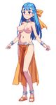  774_(nanashi) anklet blue_eyes blue_hair blush bow bracelet braid breasts choker dancer's_costume_(dq) dragon_quest dragon_quest_heroes dragon_quest_v earrings embarrassed flora frown full_body hair_bow jewelry large_breasts loincloth long_hair lowres nipples pelvic_curtain pixel_art sandals solo topless white_background 