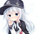  1girl anchor_symbol bangs black_cape black_hat blue_eyes blush cape closed_mouth commentary_request eyebrows_visible_through_hair fingernails flat_cap hair_between_eyes hand_up hat hibiki_(kantai_collection) highres kantai_collection long_hair long_sleeves looking_at_viewer nose_blush red_neckwear shirt shizukawashi_sumi silver_hair sleeves_past_wrists solo sweat upper_body very_long_hair white_background white_shirt 