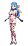  774_(nanashi) :q areolae bikini blue_eyes blue_hair blush bow braid breasts dragon_quest dragon_quest_heroes dragon_quest_v fishnet_legwear fishnets flora full_body gloves hair_bow high_heels jewelry large_breasts long_hair lowres micro_bikini naughty_face pixel_art smile solo swimsuit thighhighs tongue tongue_out white_background 