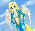  anthro blonde_hair breasts clothing cloudscape equine feathers female fur hair kasaler long_hair looking_at_viewer mammal my_little_pony navel outside pegasus purple_eyes sky smile solo surprise_(mlp) uniform white_fur wings 