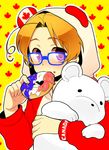  24x24 ahoge axis_powers_hetalia bear bear_hood blonde_hair blue-framed_eyewear blush canada_(hetalia) canadian_flag doughnut food glasses hood hoodie kumajirou_(hetalia) leaf looking_at_viewer male_focus maple_leaf polar_bear purple_eyes solo 