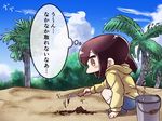  blush_stickers brown_eyes brown_hair bucket bush clam_digging coconut_tree commentary_request fubuki_(kantai_collection) hood hooded_sweater kantai_collection long_hair palm_tree shoes solo squatting sweater tanaka_kusao translation_request tree white_legwear 