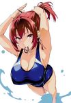  adjusting_hair armpits arms_up barefoot blush breasts cleavage competition_swimsuit foreshortening hairband highres huge_breasts maken-ki! mouth_hold one-piece_swimsuit ponytail red_eyes red_hair rokujou_minori scan short_hair smile solo swimsuit takeda_hiromitsu tying_hair walking 