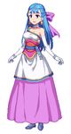  774_(nanashi) bare_shoulders blue_eyes blue_hair bow bracelet braid choker dragon_quest dragon_quest_heroes dragon_quest_v dress earrings elbow_gloves flora full_body gloves hair_bow jewelry long_hair lowres open_mouth pink_bow pixel_art smile solo white_background 