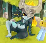  1girl clenched_hand fang helmet highres imp long_hair majora&#039;s_mask mato_spectoru midna neon_trim no_nipples nude one_eye_covered pointy_ears prehensile_hair red_eyes skull_kid small_breasts smile solo the_legend_of_zelda the_legend_of_zelda:_majora's_mask the_legend_of_zelda:_twilight_princess thick_thighs thighs twilight_princess uncensored wide_hips yellow_sclera 