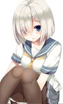  bad_id bad_pixiv_id blue_eyes blush breasts brown_legwear collarbone hair_ornament hair_over_one_eye hairclip hamakaze_(kantai_collection) kantai_collection knees_touching knees_up large_breasts looking_at_viewer miniskirt neckerchief pantyhose parted_lips pleated_skirt school_uniform serafuku short_hair short_sleeves silver_hair simple_background sitting skirt solo teroru white_background yellow_neckwear 