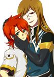  blush brown_hair glasses green_eyes head_grab jade_curtiss long_hair luke_fon_fabre male_focus multiple_boys open_mouth red_eyes red_hair smile sweat tales_of_(series) tales_of_the_abyss yaoi 
