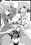  animal animal_ears animal_on_head breastplate cape crossover dog_days dog_ears doronjo dragon dress fingerless_gloves gloves greyscale leopard_(yatterman) leotard mask millhiore_f_biscotti monochrome multiple_girls on_head one_eye_closed pina_(sao) short_hair short_twintails silica silica_(sao-alo) sword_art_online tail thighhighs time_bokan_(series) tougo twintails yatterman yoru_no_yatterman 
