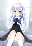  bad_id bad_pixiv_id blue_eyes blue_hair blush gochuumon_wa_usagi_desu_ka? hair_ornament hairclip kafuu_chino kneehighs kujou_danbo lifted_by_self long_hair panties rabbit_house_uniform sitting skirt skirt_lift solo underwear uniform waitress white_legwear x_hair_ornament 