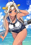  alternate_hair_color blonde_hair blue_eyes breasts cosplay crop_top double_bun hairband kantai_collection kongou_(kantai_collection) large_breasts long_hair one-piece_tan ro-500_(kantai_collection) ro-500_(kantai_collection)_(cosplay) sailor_collar sakiyamama school_swimsuit solo swimsuit swimsuit_under_clothes tan tanline torpedo wet 