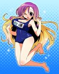  azumi_haruhito bad_id bad_nicoseiga_id bangs blonde_hair blue_swimsuit blush body_blush breasts bubble character_name covered_navel covered_nipples full-face_blush gradient_hair halftone halftone_background highres hijiri_byakuren jumping large_breasts long_hair marisa_to_alice_no_cookie_storia multicolored_hair name_tag one-piece_swimsuit one_eye_closed purple_eyes purple_hair school_swimsuit shiny shiny_clothes shiny_hair shiny_skin solo sparkle swimsuit touhou very_long_hair wide-eyed 