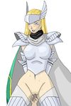  1girl arianrhod armor blonde_hair blush bottomless cape demon_girl fingering gloves helmet scarf shin_megami_tensei shin_megami_tensei_ii 