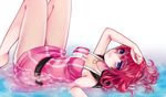  1girl arm_up bare_shoulders barefoot blue_eyes breasts cleavage kairi_(kingdom_hearts) kingdom_hearts knees_up liechi necklace on_back partially_submerged pink_hair water 