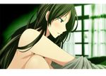  1girl bed_sheet black_hair blush breasts brown_eyes curtains female final_fantasy final_fantasy_vii large_breasts long_hair looking_away nude open_mouth serious solo tifa_lockhart window yamamori_gohan 