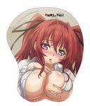  1girl blush breast_grab breasts bust cleavage female grabbing hair_ribbon hands highres large_breasts long_hair looking_at_viewer mio mousepad naruse_mio open_clothes open_mouth purple_eyes red_hair ribbon shinmai_maou_no_testament solo sweat upper_body 