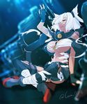  bad_id bad_pixiv_id banned_artist black_gloves black_legwear black_nails breasts bubble dark_skin fingerless_gloves glasses gloves kantai_collection kyara36 large_breasts long_hair machinery musashi_(kantai_collection) nail_polish navel open_mouth pointy_hair red_eyes sarashi sitting solo thigh_strap thighhighs torn_clothes torn_legwear twintails twitter_username underwater white_hair 
