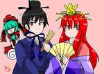  2girls ^_^ ^o^ black_hair bow closed_eyes dress fan green_hair hair_bow hair_ornament hair_ribbon hinamatsuri japanese_clothes kagiyama_hina kimono miera multiple_girls red_eyes red_hair ribbon saishi shingyoku shingyoku_(male) touhou touhou_(pc-98) 