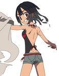  backless_outfit black_hair cloak from_behind grin higana_(pokemon) highres holding holding_poke_ball looking_at_viewer mayapazoo poke_ball pokemon pokemon_(game) pokemon_oras red_eyes short_hair short_shorts shorts smile solo white_background 