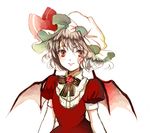  alternate_costume bat_wings bow dress flower hat hat_bow lavender_hair looking_at_viewer mob_cap puffy_sleeves red_dress red_eyes remilia_scarlet rose short_hair short_sleeves simple_background smile solo sugi touhou upper_body white_background wings 