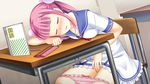  1girl blush breast_press breasts censored chair classroom club_d eyes_closed fingering game_cg highres honda_naoki legs long_hair masturbation nakamura_yui open_mouth panties panty_pull pink_hair pink_panties pussy school_uniform sitting small_breasts solo table thighs underwear 